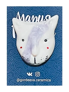 Брошь ручной работы Мария Гордеева «Кот», с голубым разводом, керамика