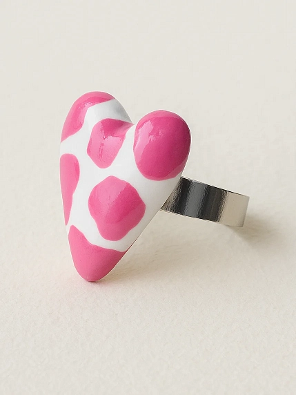 Кольцо Радость Рядом ручной работы с принтом «Сердце», розовое, незамкнутое, полимерная глина, фото 2.