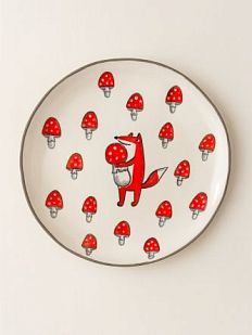 Тарелка ручной работы с бортиком Лис с мухоморами, белая, 17 см