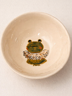 Тарелка глубокая ручной работы Ким керамика Лягушка в жабо, белая, фарфор, 12 см