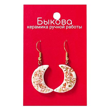 Серьги ручной работы «Красные цветы», полумесяцы‎, фарфор, фото 1.