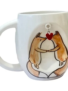 Кружка ручной работы Лисички с подвеской сердечком, керамика, 300 мл