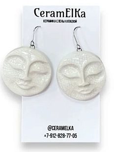 Серьги КерамЕлКа с эффектом кракелюр «Лица», керамика, белые