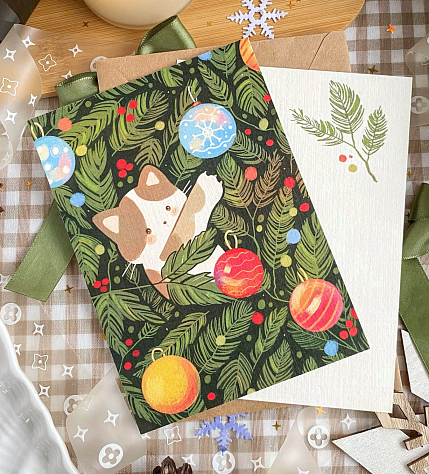 Открытка «Котёнок на ёлочке», А6, фото 1.