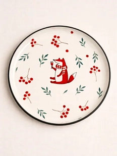 Тарелка ручной работы Ким керамика с бортиком Лис с рябиной и бокалом, белая, 21 см