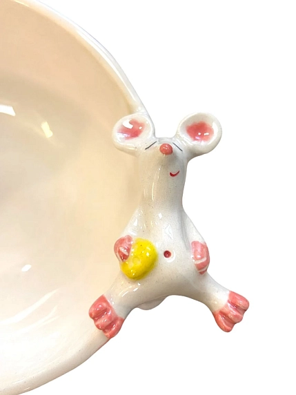 Глубокая тарелка ручной работы «Мышка с сыром», голубая, керамика, 16 см, фото 7.