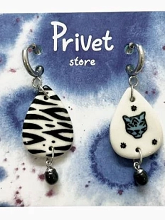 Серьги-конго Звер «Зебра и синий тигр», керамика, белые