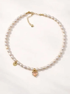 Чокер ручной работы «Ice» с розовым сердцем, речной жемчуг, родированная латунь