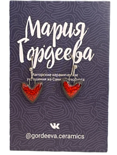 Серьги на петле Сердечки, керамика, красные