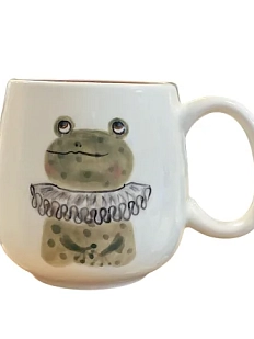 Кружка ручной работы Ким керамика с росписью Лягушка в жабо с коричневыми сердечками, фарфор, 350 мл