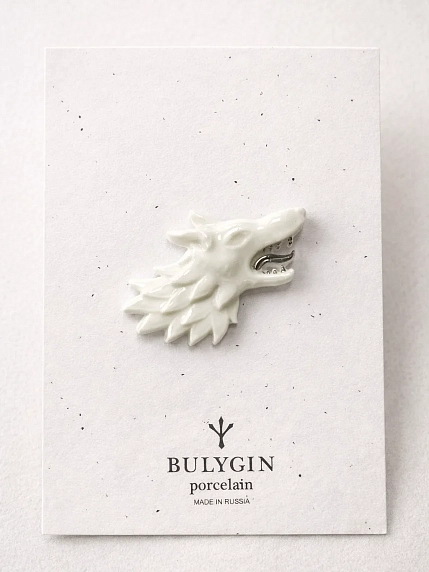Брошь ручной работы Фарфор Булыгина «Волк», бело-серебристая, фото 4.
