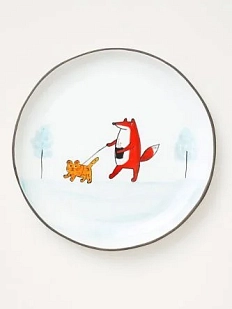 Тарелка ручной работы Ким керамикас бортиком Лис с хомяком на прогулке, белая, 17 см