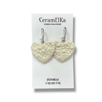 Серьги КерамЕлКа «Сердечки», фарфор, белые, фото 1.
