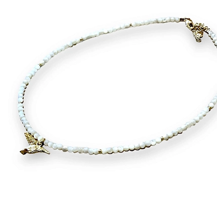 Чокер с подвеской «Колибри», золотистая латунь, перламутр, фото 1.