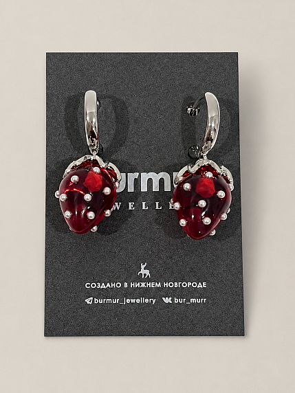 Серьги Бур.Мур «Варенье», родированная латунь, стекло, красные, фото 1.