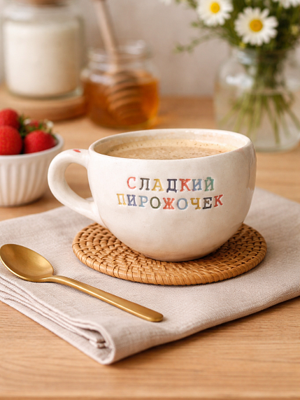 Кружка ручной работы с надписью «Сладкий пирожочек», белая, керамика, 350мл, фото 6.