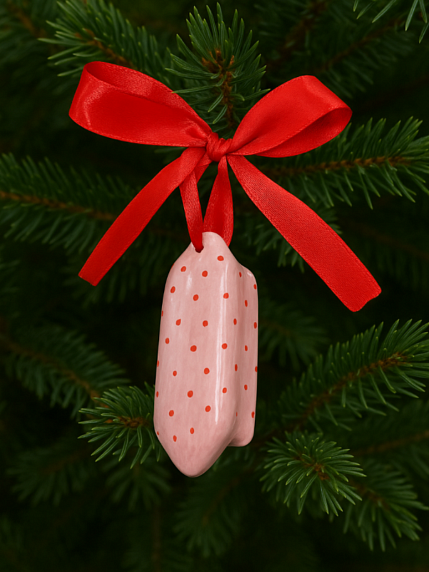 Ёлочная игрушка конфета в горошек сиренево-красная, белая керамика , фото 3.