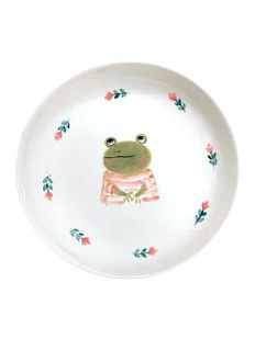 Тарелка ручной работы Ким керамика с бортиком Лягушка с розовыми цветочками, белая, фарфор, 16 см