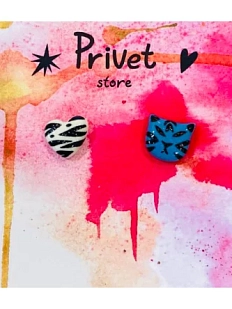 Серьги-гвоздики Звер «Синий тигр и сердечко», керамика