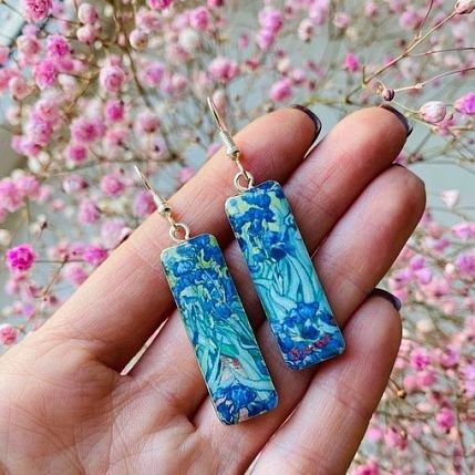 Серьги с картиной «Ирисы», дерево с эпоксидной смолой, фото 3.