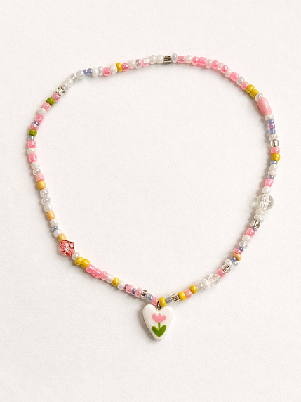 Чокер ручной работы Радость Рядом «Розовый тюльпан в сердечке», полимерная глина, бисер, фото 1.