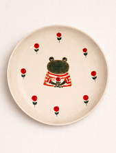 Тарелка ручной работы Ким керамика с бортиком Лягушка с красными ягодками, белая, фарфор, 16 см