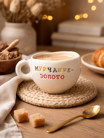Кружка ручной работы с надписью «Мурчание-золото», керамика, 180 мл, фото 3.