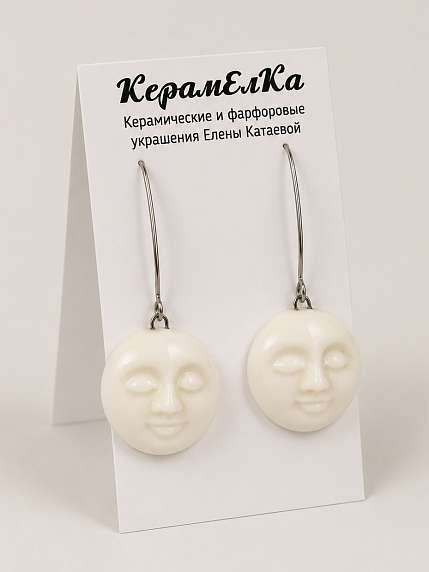 Серьги КерамЕлКа на длинной петле «Лицо», керамика, белые, фото 2.