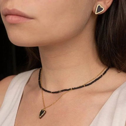 Серёжки-гвоздики ОКподолинс Сердечки из серии «Преданное Сердце», дерево, чёрные, фото 3.