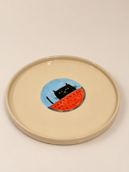 Тарелка ручной работы Коврижка «Кот с арбузом», керамика, 14,5 см, фото 2.