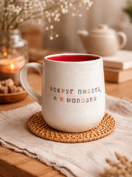 Кружка ручной работы NF ceramics «Вокруг пи*дец, а я молодец», белая, 600 мл, фото 7.