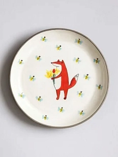 Тарелка ручной работы Ким керамика с бортиком Лис с букетом, белая, 17 см