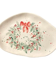 Блюдце ручной работы Верба керамика Новогодний венок, белое, керамика, 17 см
