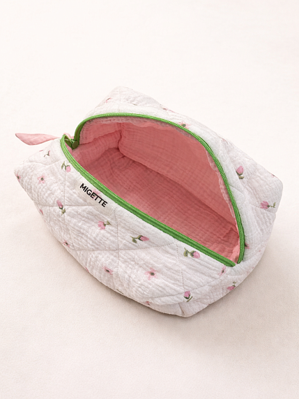 Косметичка ручной работы с карманом Migette, размер L, белая с цветами и розовым подкладом, фото 2.