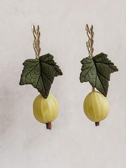 Серьги «Крыжовник с листиком», полимерная глина, фото 2.