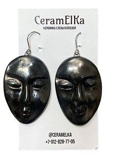 Серьги «Лица» большие, фарфор, чёрные, металлик