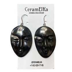 Серьги «Лица» большие, фарфор, чёрные, металлик