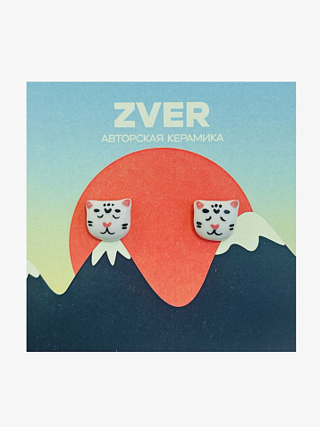 Серьги-гвоздики ручной работы «Довольные котики», белый, керамика, фото 1.