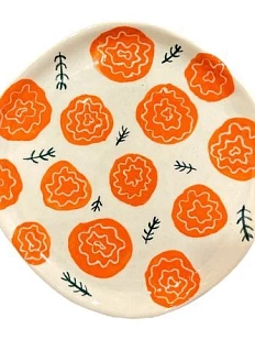Тарелка ручной работы Малёма с росписью Оранжевые цветы и веточки, керамика, 14,5 см