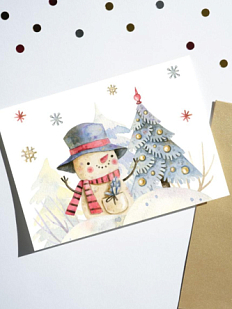 Открытка на Новый год «Снеговик и ёлка»