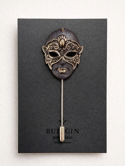 Брошь ручной работы Фарфор Булыгина «Венецианская маска», черно-золотистая, фото 1.