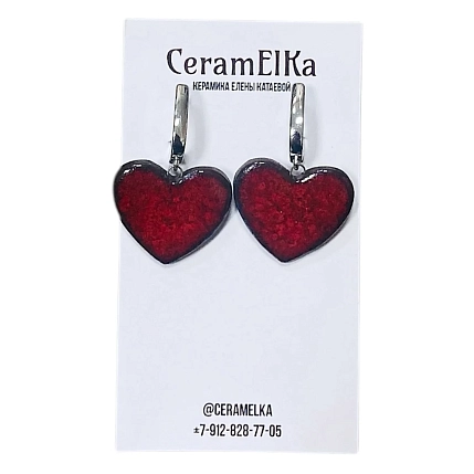 Серьги КерамЕлКа «Сердечки», фарфор, тёмно-красные, фото 1.