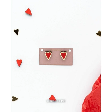 Серёжки-гвоздики ОКподолинс Сердечки, дерево, красно-золотистые, фото 3.