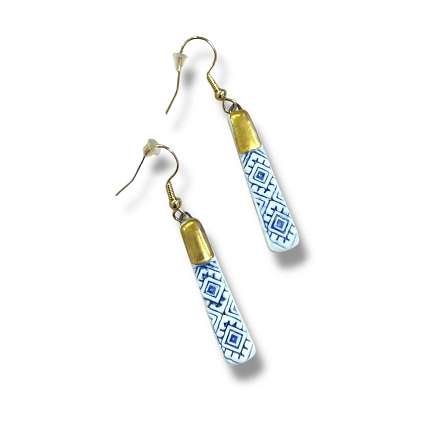 Серьги ручной работы Быкова керамика с синим орнаментом‎, фарфор, фото 3.