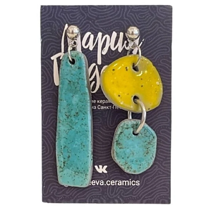 Серьги Мария Гордеева асимметричные составные, керамика, сине-жёлтые, фото 1.