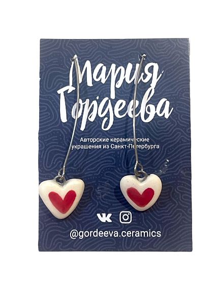 Серьги на длинной петле Сердечки, керамика, красно-белые, фото 1.