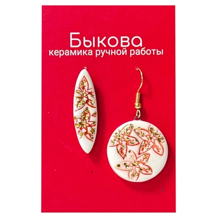 Серьги ручной работы Быкова керамика «Красные цветы», ассиметричные‎, фарфор, фото 1.