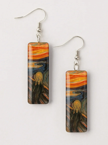 Серьги с картиной «Крик. Мунк», дерево с эпоксидной смолой, фото 1.