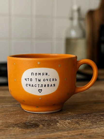 Кружка ручной работы Тата вытворяет/NF ceramics «Помни, что ты очень счастливая», оранжевая, керамика, 600 мл, фото 2.