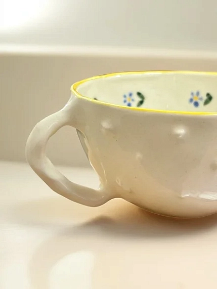 Кружка Быкова керамика с шипами и синими цветами, бело-жёлтая, керамика, 200 мл, фото 4.